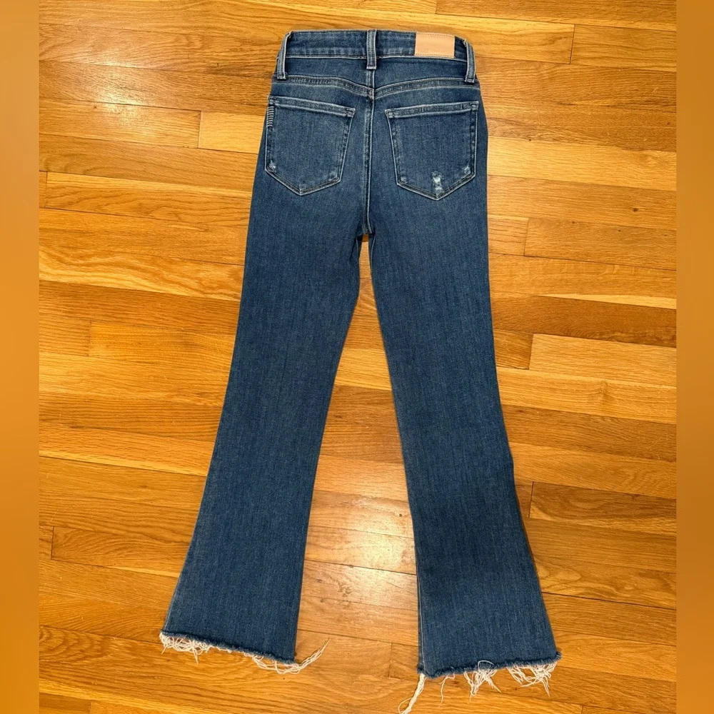 PAIGE Petite Laurel Canyon Raw Hem Flare Blue Women's Jeans - Olivin Distressed - Picture 5 of 10